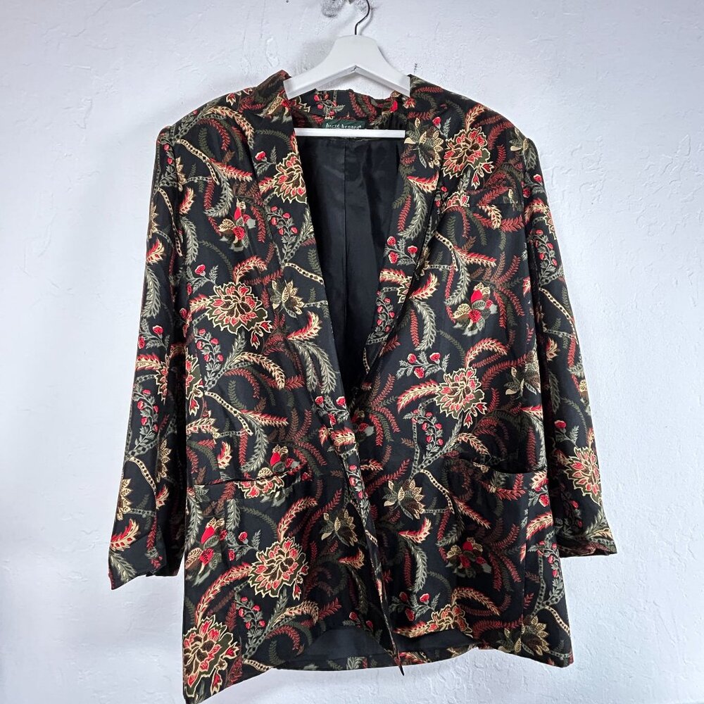 Harvé Benard Womens Black Floral Leaf Print Button Front Blazer Jacket Pockets